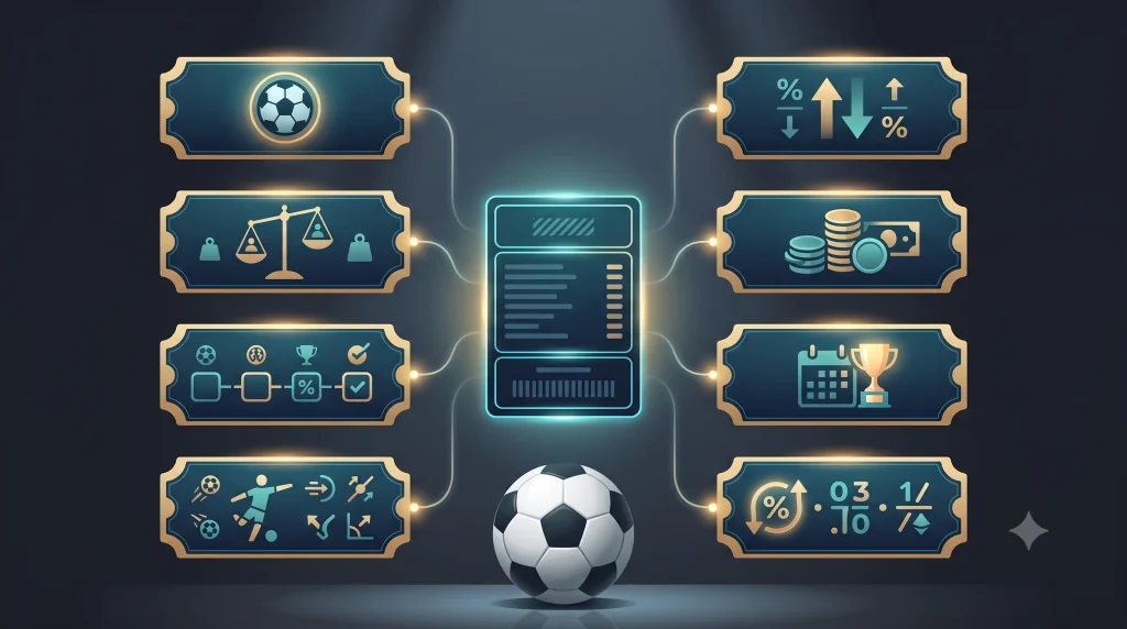 football betting terms glossary with icon cards for odds, handicap, and coins around a betting slip