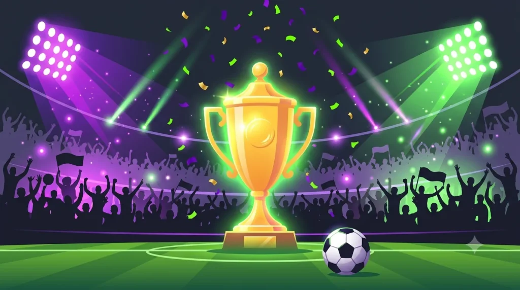 Kuwait Premier League 2026 champions trophy with celebrating fans and stadium lights