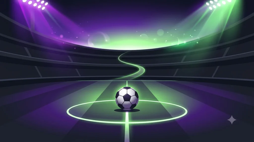 Kuwait World Cup qualifiers stadium with a football on the pitch and a lit path to the horizon