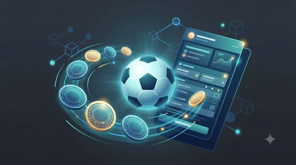 crypto sports betting with a football, cryptocurrency coins, and a betting slip on a blockchain background