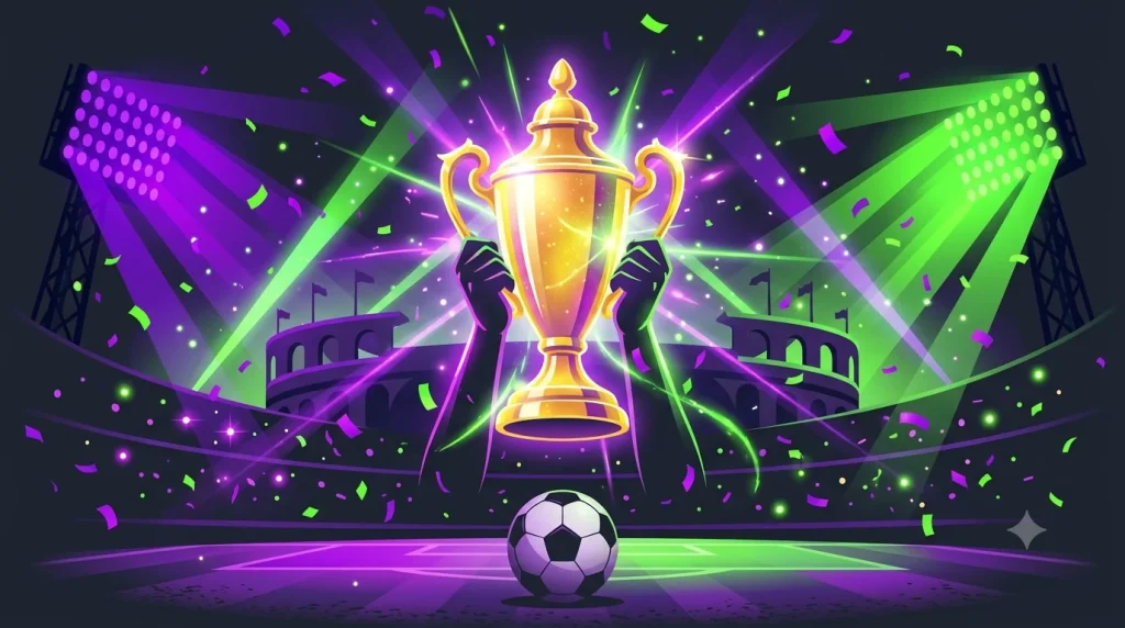 AFC Challenge League trophy lifted amid confetti and stadium lights in purple and green