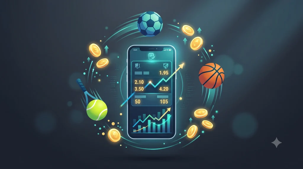 sports betting basics on a phone showing odds, a rising graph, and football, basketball, and tennis
